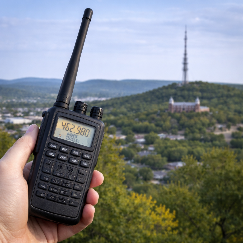 Handheld GMRS radio tuned to 462.700 MHz with Fayetteville Arkansas repeater tower in background”